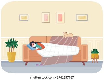 Female character having cold and lying on sofa. Masked woman is sick stay at home with her cat