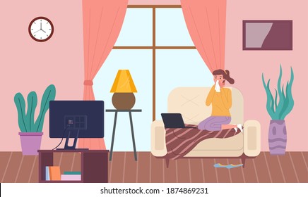 Female character having a cold and sitting on the sofa. Girl with a runny nose is watching tv. Woman with handkerchief sneezes. Self-isolation patient is being treated for flu with medicines at home