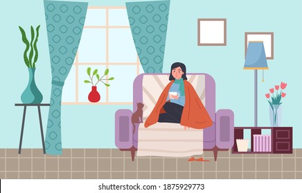 Female character is having a cold and sitting in armchair. Cat owner is sick at home vector illustration. The kitten sits next to the woman and looks at her. Girl being treated for flu in apartment