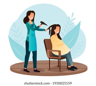 Female character is having her hair cut at hairdressing salon. Stylist drying customer hair with dryer and round brush. Client is looking in mirror and smiling. Flat cartoon vector illustration