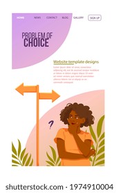 Female character is having a problem of choice. Cute woman next to question icon thinking which way to go. Concept of Website, web page, landing page template. Flat cartoon vector illustration