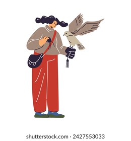 Female character with hawking glove and bag holding falcon and professional equipment. Falcon training, Arabian traditional sport, bird hunting. Falconry concept. Cartoon vector illustration
