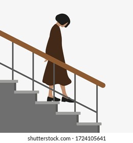 Female character with head bow down the stairs