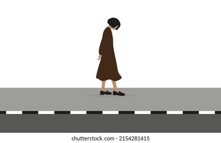 Female character with head down walking on sidewalk on white background