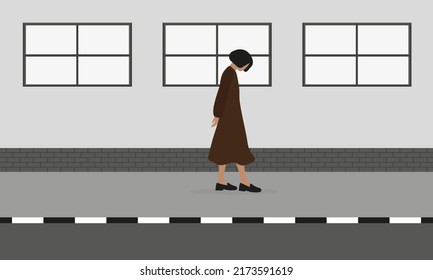 Female character with head down walking on sidewalk