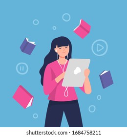 Female character with headphones. Vector illustration of a woman listens to music, audiobook, podcast or language lessons.