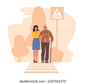 Female Character Help for Elderly Man with Walking Cane to Cross Road. Young Woman City Dweller Move over Crossroad Holding Elderly Person by Hand, Kind Person. Cartoon People Vector Illustration