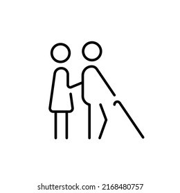 Female character help for elderly man with walking cane icon. Girl helping a man with a cane. Kind Person. Outline symbol, sign for: infographic, logo, app, banner, web design, dev, ui, ux. EPS 10