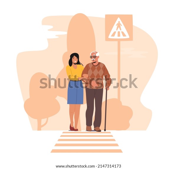 Female Character Help for Elderly Man with\
Walking Cane to Cross Road. Young Woman City Dweller Move over\
Crossroad Holding Elderly Person by Hand, Kind Person. Cartoon\
People Vector\
Illustration