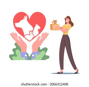 Female Character Hold Little Kitten in Carton Box near Heart Symbol. Care of Animals, Pets Rescue and Protection Concept. People Adopt Cats, Dogs or Rabbits from Shelter. Cartoon Vector Illustration
