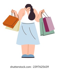 Female character holding bags bought at shops and stores at low prices. Isolated woman carrying packages from mall, shopaholic or shopping hobby pastime and leisure of girl. Vector in flat style