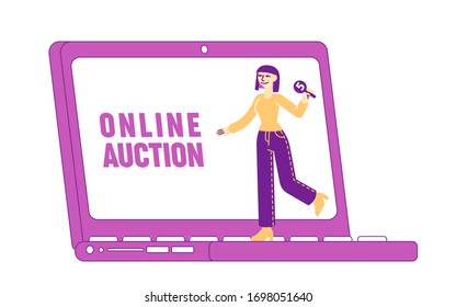 Female Character Holding Bid Plate in Hand Stand at Huge Laptop with Online Auction Inscription on Screen. Woman Buying Assets in Internet Using Online Platform, Business. Linear Vector Illustration