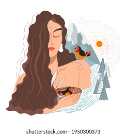 Female character holding bird nest, beautiful girl symbolizing mother nature and care for flora and fauna. Lady with long hair and earrings by mountains and pine forest. Vector in flat style