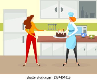 Female Character Holding Birthday Cake with Candles in Hands and another Woman Want to Take Pastry Cook on Kitchen. Confectioner with Cake. Ordering Homemade Bakery. Cartoon Flat Vector Illustration.