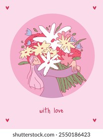 Female character holding bouquet of flowers for Valentine's Day. Pink background, circular composition. Casual outfit, long hair, smiling expression. Flat Vector Illustration, isolated. 