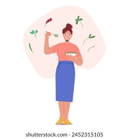 Personaje femenino que sostiene el tazón con Micro Greens. La Mujer Mordisquea Microvegetales, Saboreando Su Fresco Crujiente E Intenso Sabor, Proporcionando Hábitos De Alimentación Saludables. Ilustración vectorial de Personas de dibujos animados