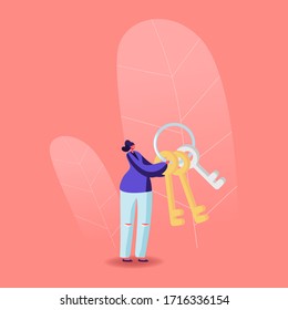 Female Character Holding Bunch of Keys Solving Escape Room Enigma or Leaving Apartment during Coronavirus Pandemic. Game Task Solution, Quarantine Lockdown Violation. Cartoon Vector Illustration