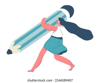 Female character holding and carrying huge pencil, isolated woman or student. Studying and obtaining education, working on project. School or office supplies. Drawing artist, vector in flat style
