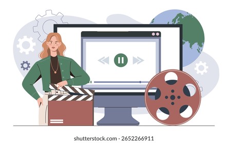 Personagem fêmea segurando um clapperboard na frente de um monitor grande mostrando uma interface de vídeo player, com rolo de filme e engrenagens em um fundo branco. Conceito de produção de mídia. Ilustração vetorial
