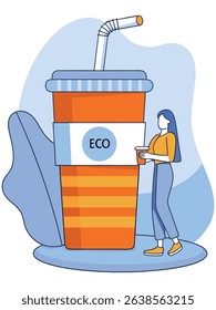 Female character holding eco-friendly beverage cup, standing beside large reusable drink container with straw, showcasing sustainable lifestyle and environmental awareness in modern design