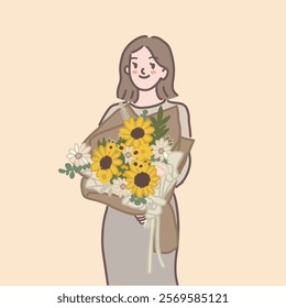 A female character holding a flower bouquet of sunflowers