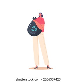Female Character Holding Garbage Sack with Recycling Symbol. Sorting and Reusing Wastes Environmental Ecological Concept Isolated on White Background. Cartoon People Vector Illustration