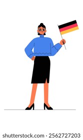 Female Character Holding German Flag In Flat Vector Illustration Symbolizing National Pride, Cultural Identity, And Celebration, Isolated On White Background