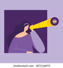 Female character holding giant large binoculars or telescope, spyglass on an isolated background. Vector flat illustration.