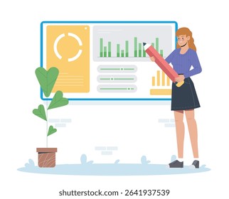 Female character holding a giant pencil stands beside a large data dashboard with charts and sliders, in flat design style on a white background. Concept of analysis. Vector illustration