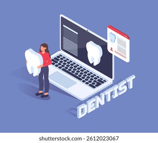 Female character holding a giant tooth beside a laptop with dental data, digital interface and blue background, concept of online dentist service. Vector illustration