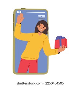 Female Character Holding Gift Box on Huge Smartphone Screen, Social Spam, Loyalty Program, Bonus, Discount or Sale Concept with Woman Offering Present to Clients. Cartoon Vector Illustration