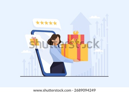 Female character holding gift boxes coming out of smartphone screen with rating stars and gift icons. Flat vector illustration. Online shopping and delivery concept.