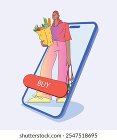 PERSONAJE femenino que sostiene la bolsa de comestibles y la bolsa de malla con verduras. Ilustración vectorial FLAT aislada que muestra las compras en línea a través de un teléfono inteligente con Botón de compra Grande.