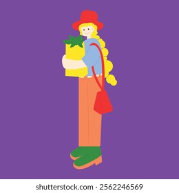 Female character holding her shopping bag. Flat vector illustration