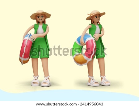 Female character is holding inflatable circle. Tourist girl on beach. Tourist entertainment, concept of safe swimming in sea, ocean. Vector isolated 3D object