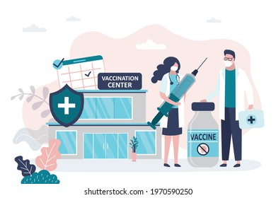 Female character holding large syringe with covid-19 vaccine. Doctors in protective masks vaccinate people. Vaccination clinic or hospital on background. Medicine concept. Flat vector illustration