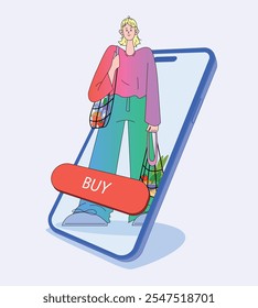 PERSONAJE femenino que sostiene bolsas de comestibles de malla con frutas y verduras. Ilustración vectorial FLAT aislada que representa el concepto de compra en línea a través de un teléfono inteligente con un Botón de compra.