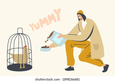 Female Character Holding Package with Dry Food for Birds, Woman Pour Pour Dry Snack to Plate to Feed Chicken Sitting in Cage, Love and Care of Domestic Animals, Pets. Linear Vector Illustration