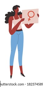 Female character holding placard with venus mirror sign symbolizing girls power. Isolated personage protester feminist standing for gender equality and rights, protest or movement, vector in flat