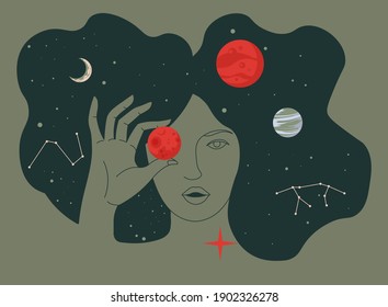 Female character holding planets, surrounded by stars and celestial bodies. Lady portrait in outer space. Exploration or education of astronomy and astrology. Cosmos and universe, vector in flat style