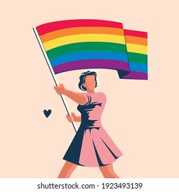 Female character holding a rainbow LGBT flag. vector illustration human rights