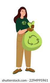 Female Character Holding rubbish bag, Garbage Sack with Recycling Symbol. Sorting and Reusing Wastes Environmental Ecological Concept Isolated on White Background. Cartoon People Vector Illustration