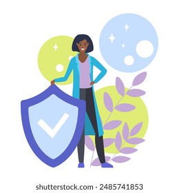 Female character holding shield for protection, ethics and personality power vector illustration