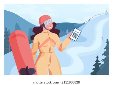 Female character holding a skipass for snowboarding. Snowboarder with a snowy hills and forest scenery. Woman snowboarding, winter extreme sport activities. Flat vector illustration