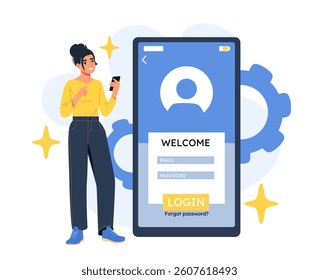Female character holding smartphone next to large mobile login screen with email and password fields, on white background with gear icons. Concept of user access. Vector illustration
