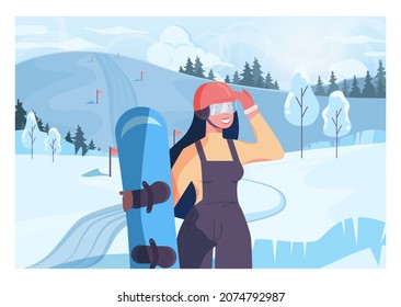 Female character holding a snowboard. Snowboarder with a snowy hills and forest scenery. Woman snowboarding, winter extreme sport activities. Flat vector illustration