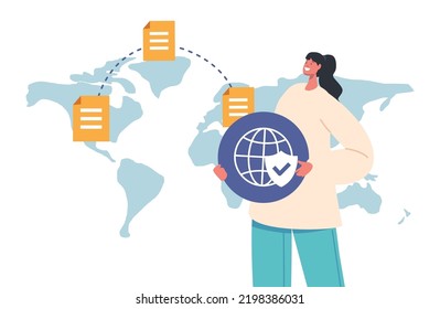 Female Character Holding Symbol of Globe with Shield on World Map Background. Online Protection, Internet Safety, Protecting from Cyber Attack, Antivirus, Defense. Cartoon People Vector Illustration