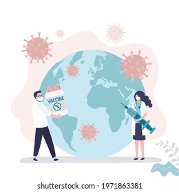 Female character holding syringe with anti-covid medicine. Doctor carries vaccine against global virus. Globe and viruses on background. Idea of immunization and health care. Flat vector illustration