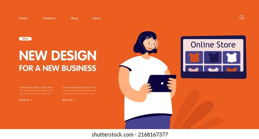 Female character holding tablet and choosing clothes in online store. Woman using app to buy T-shirt flat vector illustration. Online shopping concept for banner, website design or landing web page