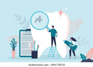 Female character holding tube of toothpaste. Specialist with magnifying glass examines tooth. Dental team examines and treats huge tooth. Concept of dental check up, stomatology. Vector illustration